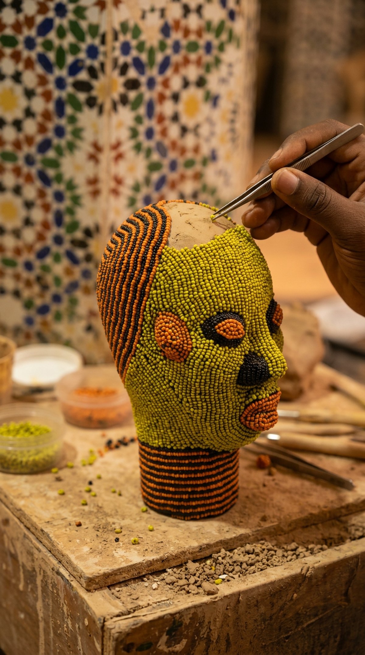 Tweezers placing the last beads on the crown