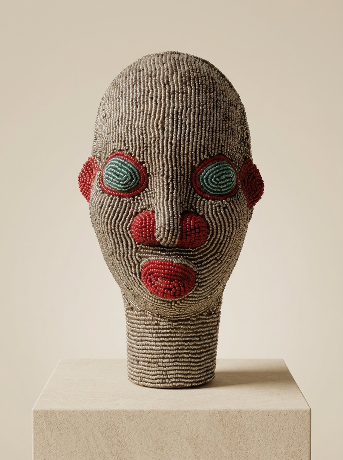Sirri, beaded portrait, silver, crimson & teal
